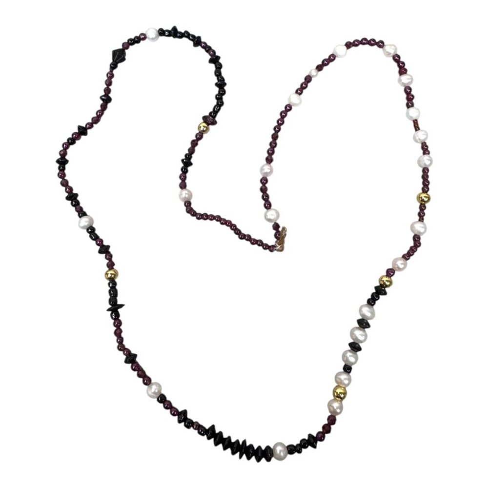 Handcrafted Faceted Garnet & Pearl Necklace Gold Accents 27" Long Gold Clasp